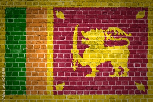 Image of the Sri Lanka flag painted on a brick wall in an urban location