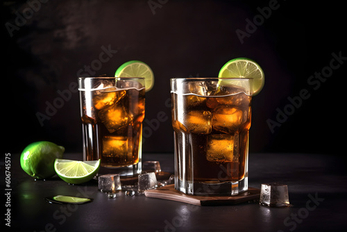 Cuba libre alcohol cocktails with golden rum, lemon juice, cola, lime and ice on black background. AI generated