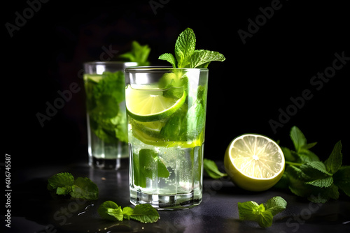 Mojito summer refreshing cocktail with ice and mint on black background. AI generated