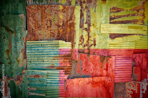 Abstract background of the flag of Benin painted on rusty corrugated iron sheets