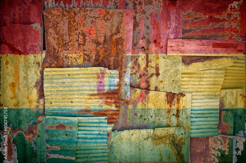 Abstract background of the flag of Bolivia painted on rusty corrugated iron sheets © Tonygers/Wirestock Creators
