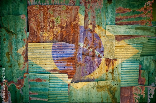 Abstract background of the flag of Brazil painted on rusty corrugated iron sheets © Tonygers/Wirestock Creators