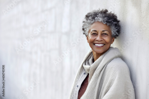 60 year old woman with grey hair posing in front of a wall. Generative AI.