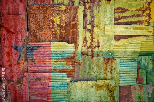 Abstract background of the flag of Guinea Bissau painted on rusty corrugated iron sheets