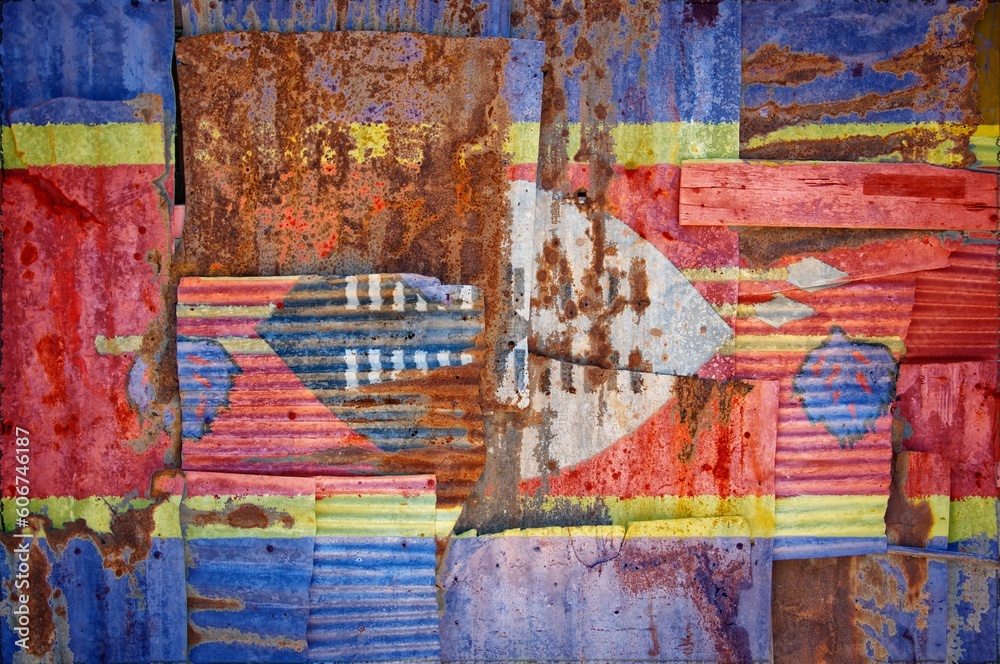 Fototapeta premium Flag of Swaziland painted onto rusty corrugated iron sheets overlapping to form a wall or fence