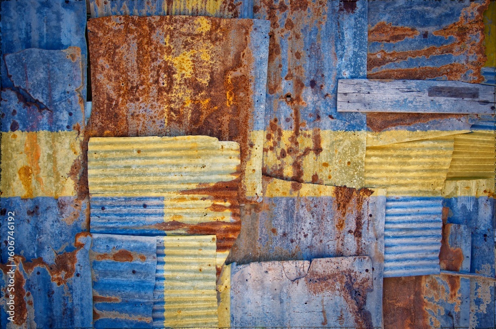 Flag of Sweden painted onto rusty corrugated iron sheets overlapping to form a wall or fence