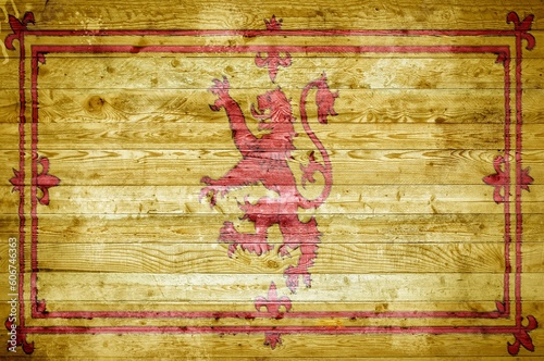 Flag of Scotland Lion Rampant painted onto wooden boards of a wall or floor