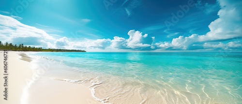 Beautiful background image of tropical beach. Bright summer sun over ocean. Blue sky with light clouds, turquoise ocean with surf and clear white sand. Harmony of clean environment