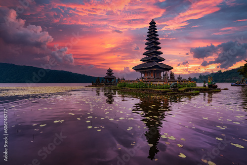 The famous Ulun Danu Temple in Bali, Indonesia during sunset with reflection in the surrounding lake
