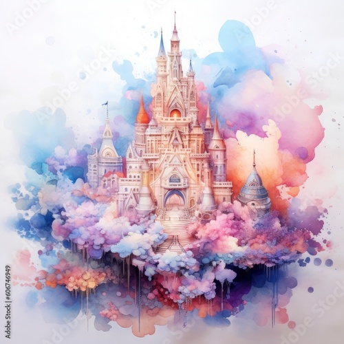 watercolor fairy tale clouds on clouds with flowershaped skyscrapers Generative Ai photo