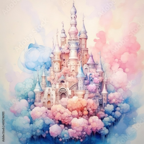 watercolor fairy tale clouds on clouds with flowershaped skyscrapers Generative Ai