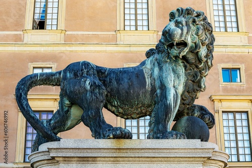 Lion statue at the royal palace in the Gamla stan area of Stockholm, Sweden