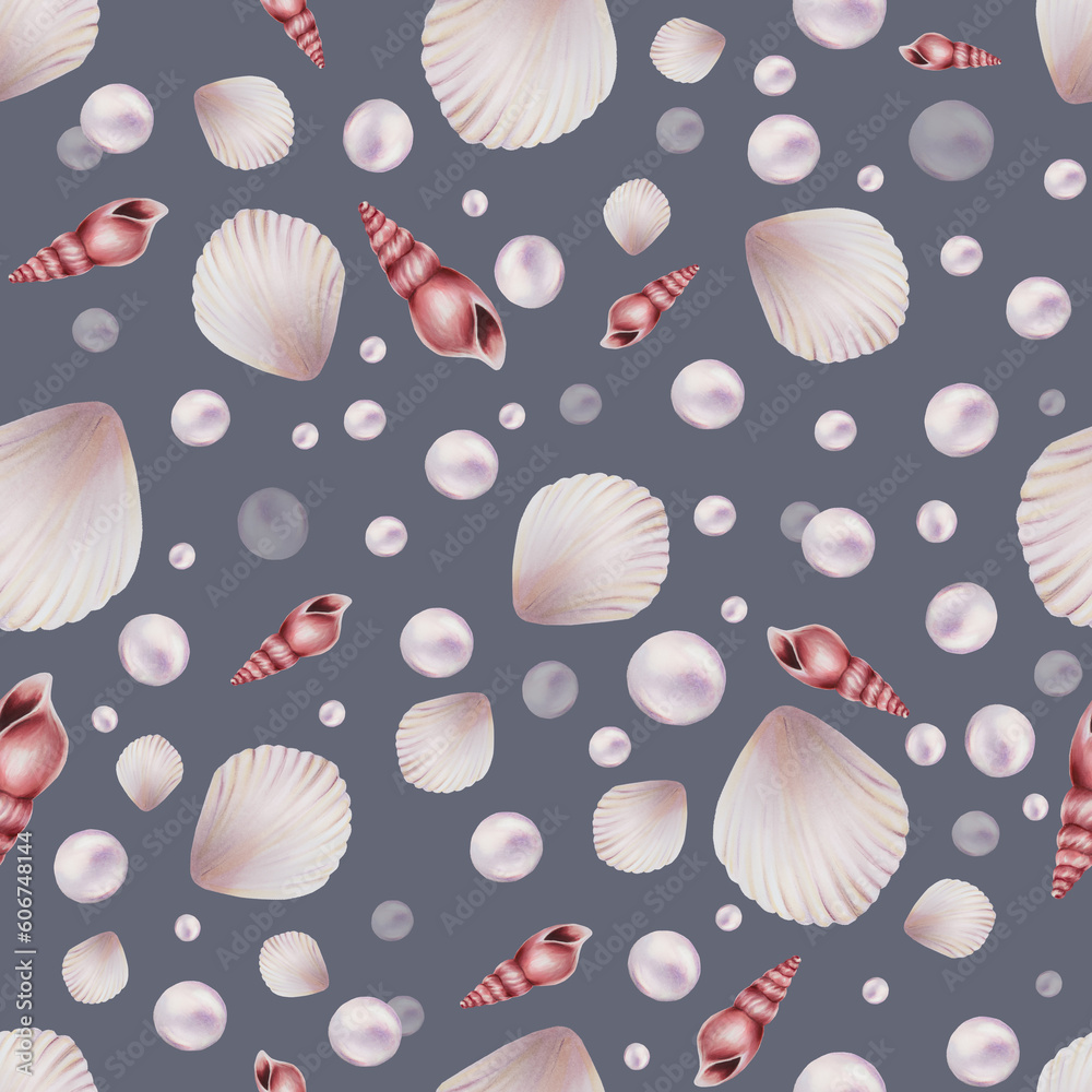 Watercolor seamless pattern with shells and pearls. Hand painting clipart underwater life objects on a white isolated background. For designers, decoration, postcards, wrappin Watercolor seamless pattern with shells and pearls. Hand painting clipart underwater life objects on a white isolated background. For designers, decoration, postcards, wrappin