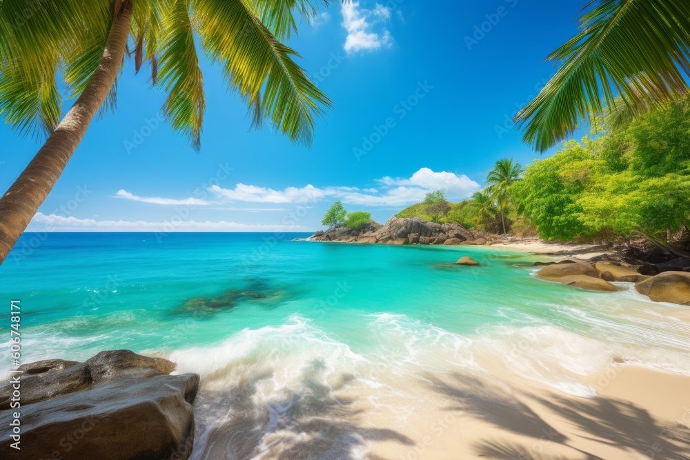 Sunny tropical beach with palm trees, Generative ai Sunny tropical beach with palm trees, Generative ai