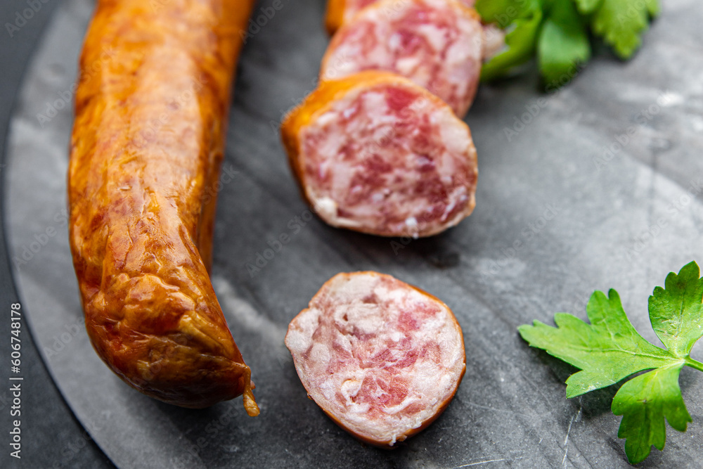 sausage montbeliard meat fresh  sausages food snack on the table copy space food background rustic top view