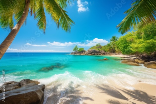 Sunny tropical beach with palm trees, Generative ai © Marius