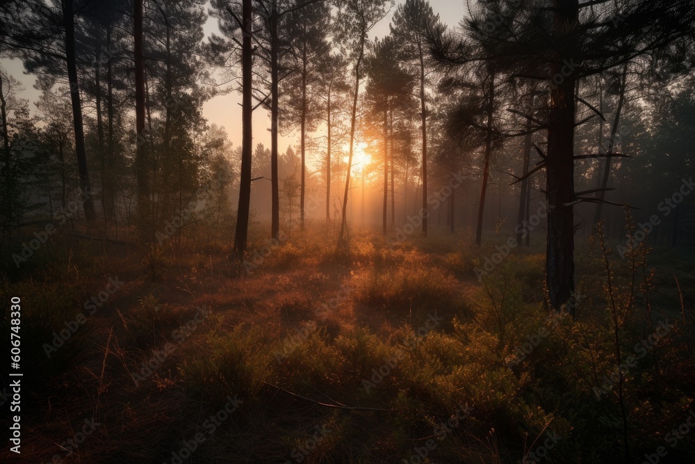 Sunrise in pine forest, Generative ai