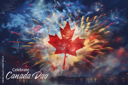 fireworks in the night with canadian flag, created using generate AI tools