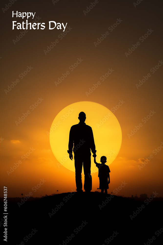 Silhouette of father and child in sunset with Silhouette of father and child in sunset with