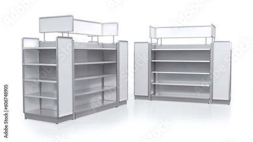 Open metal showcases with shelves. 3d illustration photo