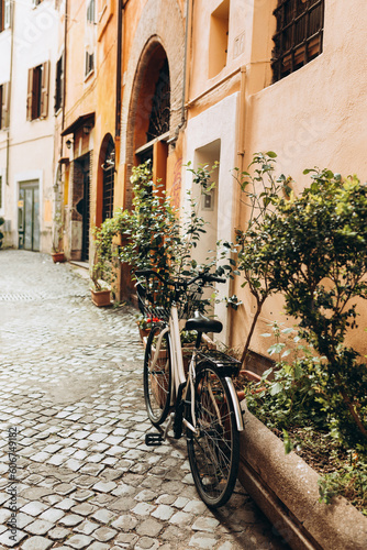 Bicycle parked on the street in Rome, Italy. Old bike against the orange wall at home. City transport concept. Lush green plants growing in pots near door of house