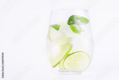 Summer lemonade with basil and lime on white background. One fresh summer cocktail with basil, green lemon and ice cubes. Drink concept