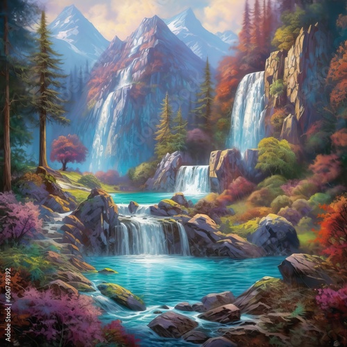 a painting of a waterfall in a forest Generative Ai
