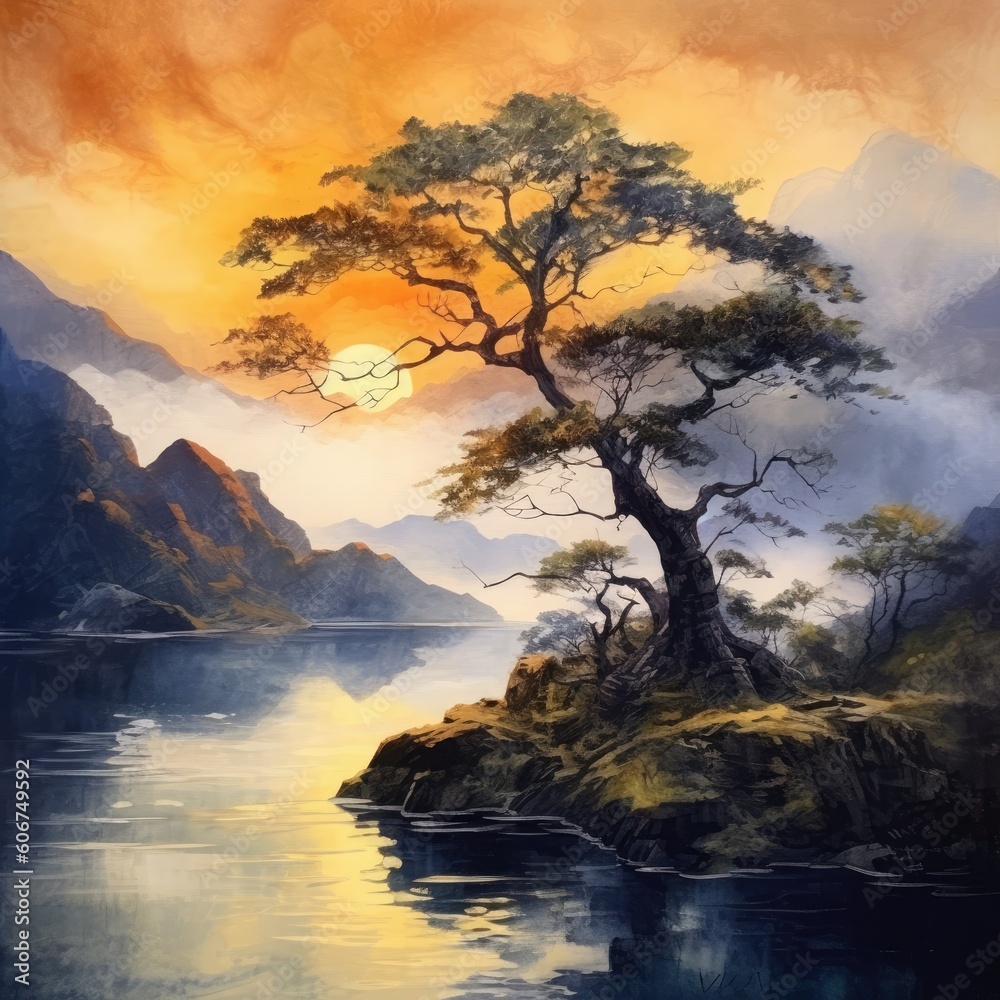 watercolor landscape mountains lone tree of a water lake Generative Ai