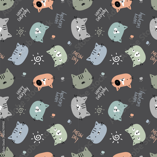 Seamless Pattern with Cartoon Cat Face Design on Dark Grey Background