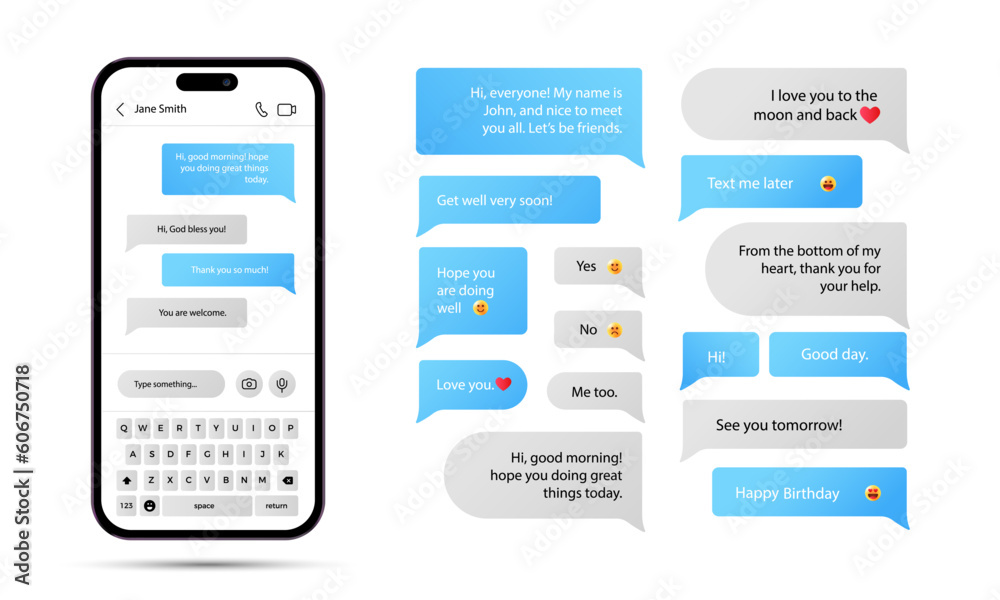 Smartphone chat interface. SMS chat composer. SMS-template of blue bubbles for composing dialogues. Phone chat sms bubbles template vector modern realistic illustration on white background eps10 Smartphone chat interface. SMS chat composer. SMS-template of blue bubbles for composing dialogues. Phone chat sms bubbles template vector modern realistic illustration on white background eps10