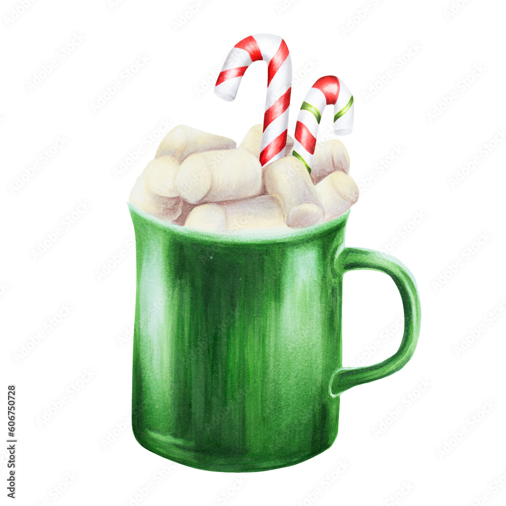Christmas New Year drink, white mug with marshmallows and Candy
