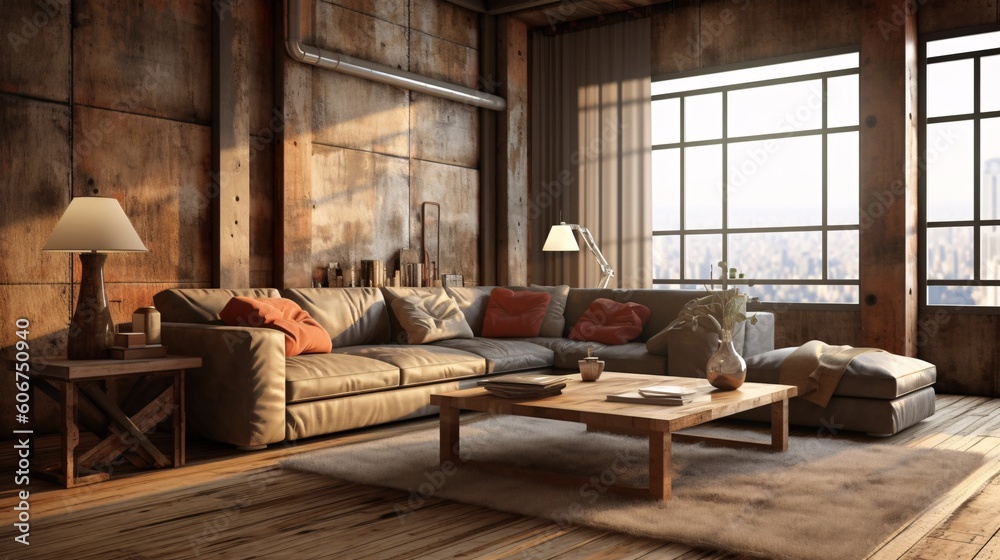 Interior of modern wooden living room with brown sofa. Rustic, minimalistic style. Created with generative AI. Interior of modern wooden living room with brown sofa. Rustic, minimalistic style. Created with generative AI.