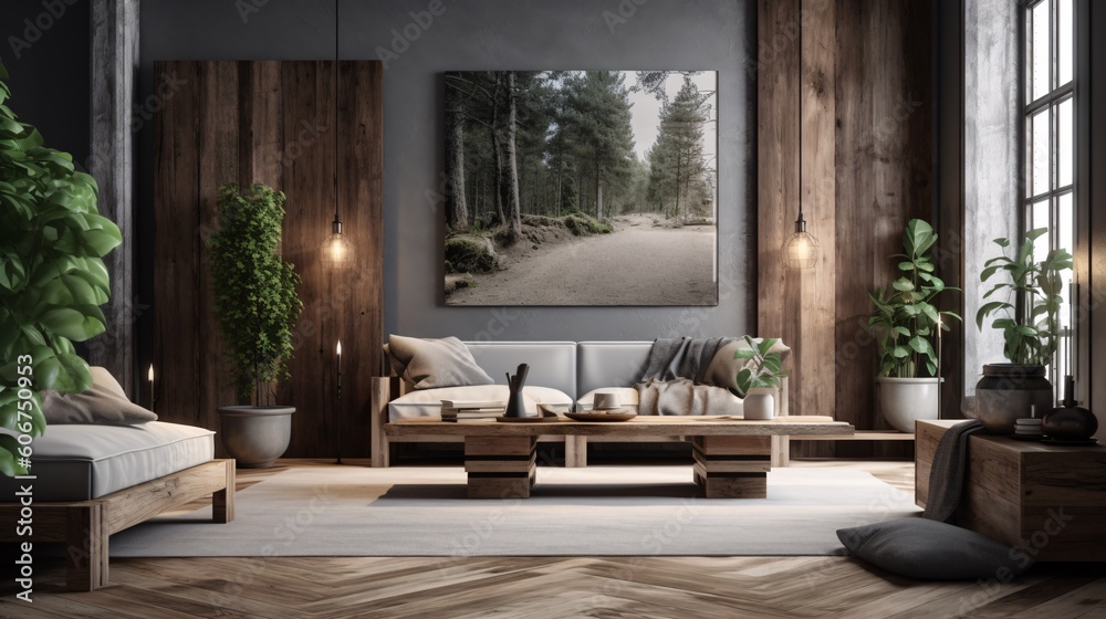 Interior of modern living room with gray walls, wooden floor, brown sofa and wooden coffee table. Rustic, minimalistic style. Created with generative AI.