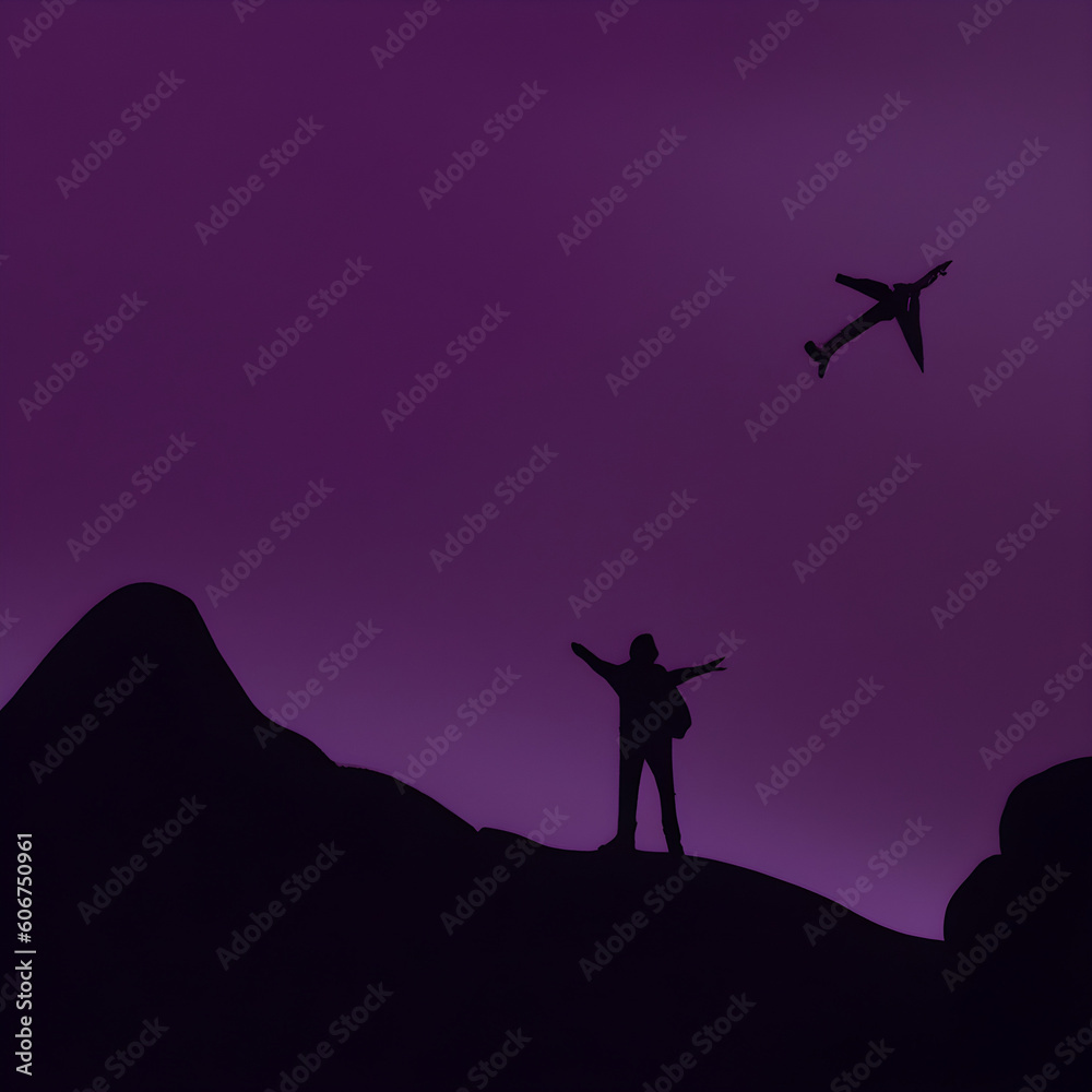 Man Standing On Mountain Top Watching A Flying Plane In A Purple Night With the Sundown
