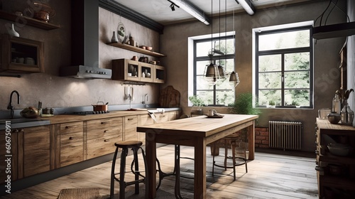 Interior of modern rustic style kitchen with wooden furniture. Created with generative AI.