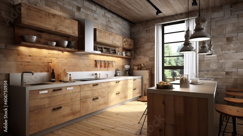 Illustration of wooden modern kitchen in a loft and rustic style with a beautiful design. Created with generative AI.