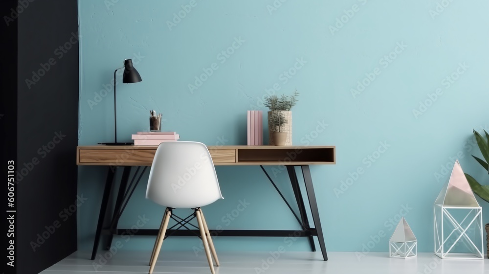 Interior of modern home office with wooden desk, chair and plant, blue walls.  Minimalistic style. Created with generative AI