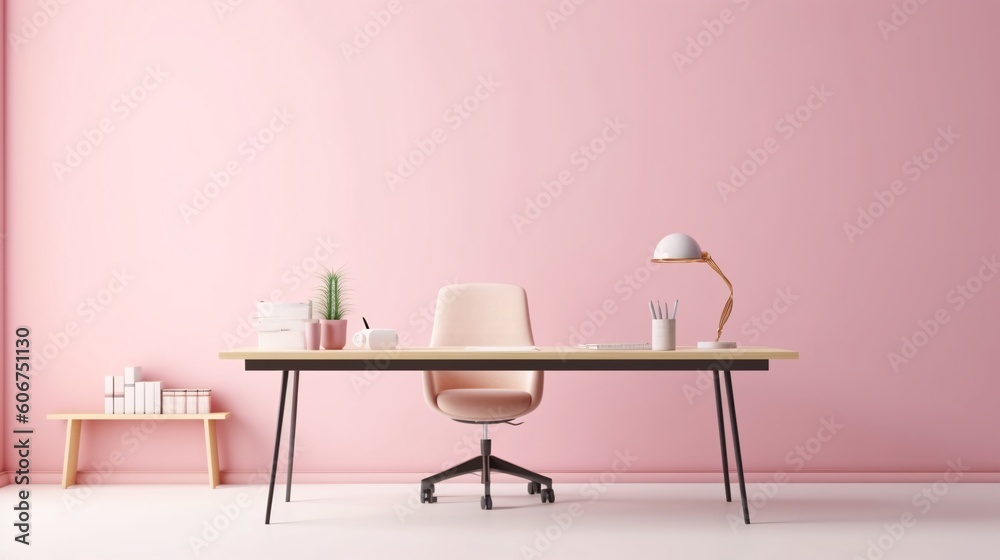 Interior of modern office with pink wall and wooden desk. Workplace concept. Minimalistic style. Created with generative AI