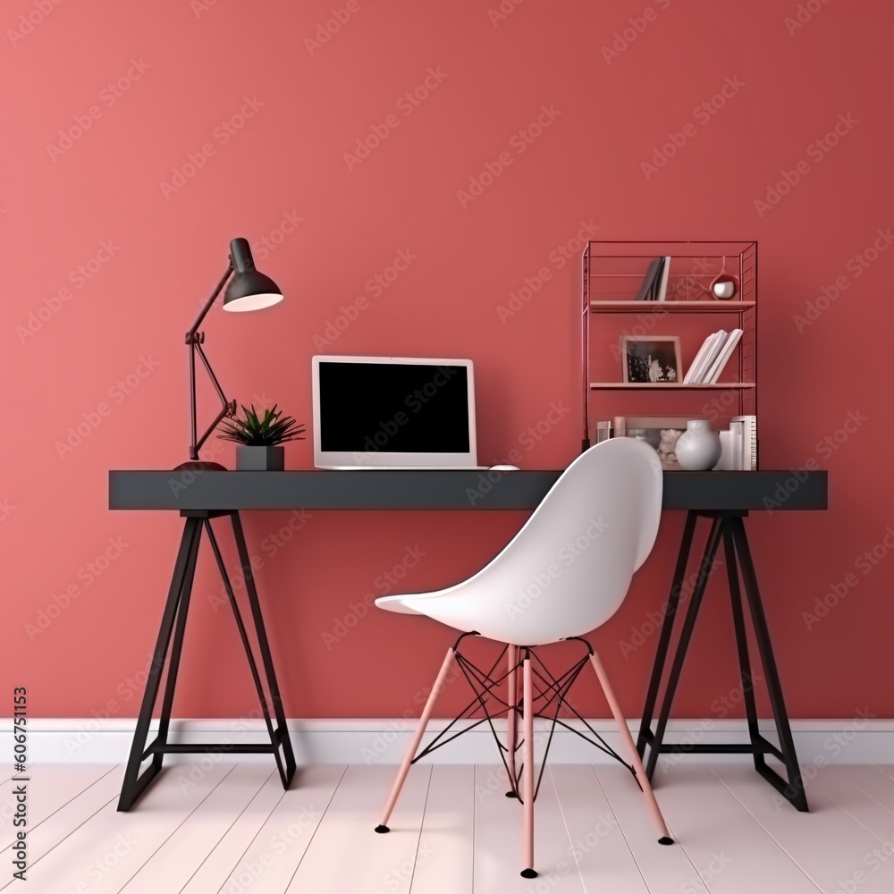 Fototapeta premium Workplace with computer, bookshelf and chair in red room. Minimalistic style. Created with generative AI