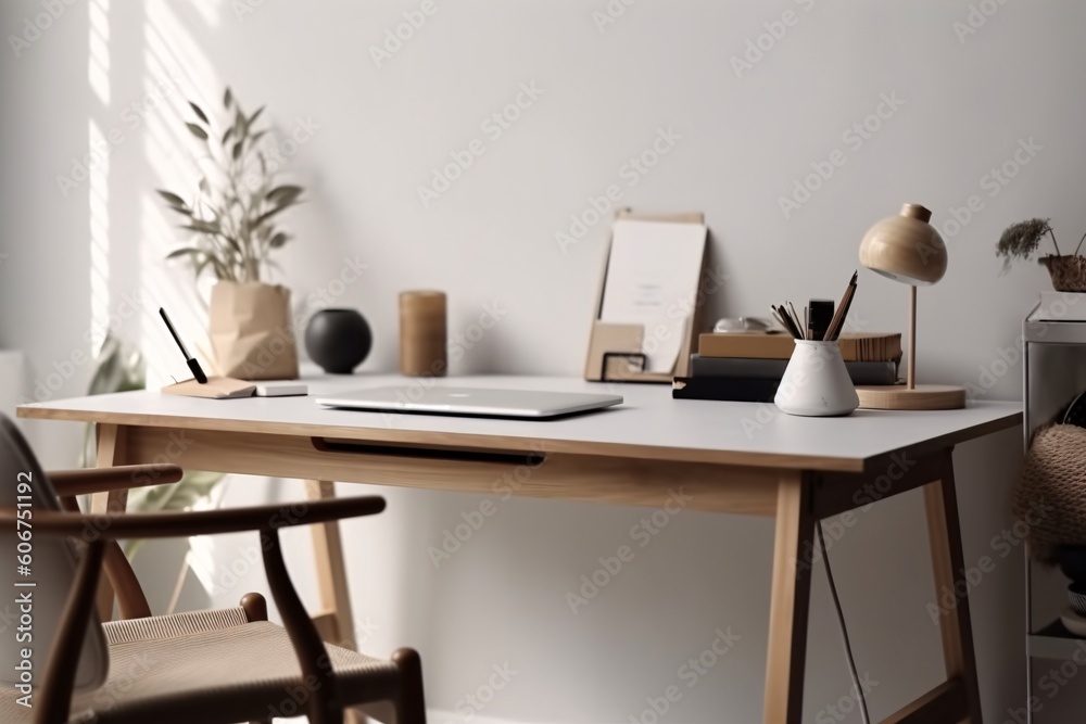 Stylish workplace with laptop and stationery on table in office. Mock up. Minimalistic style. White walls. Created with generative AI Stylish workplace with laptop and stationery on table in office. Mock up. Minimalistic style. White walls. Created with generative AI