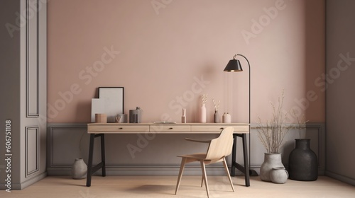 Interior of modern living room with wooden desk, armchair and lamp. Minimalistic style. Pastel colors. Created with generative AI. © drixe