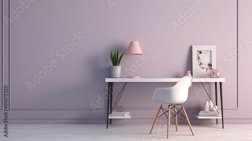 Interior of modern living room with pink wall and wooden floor. Minimalistic style. Created with generative AI.