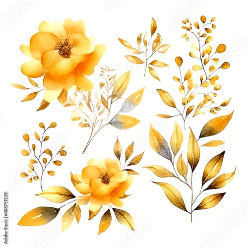 Set of golden floral watecolor. golden flower, golden leaves. Floral poster, invitation floral. Vector arrangements for greeting card or invitation design