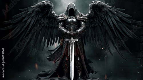 Foto Dark angel holding big silver sword at dark fantasy scene