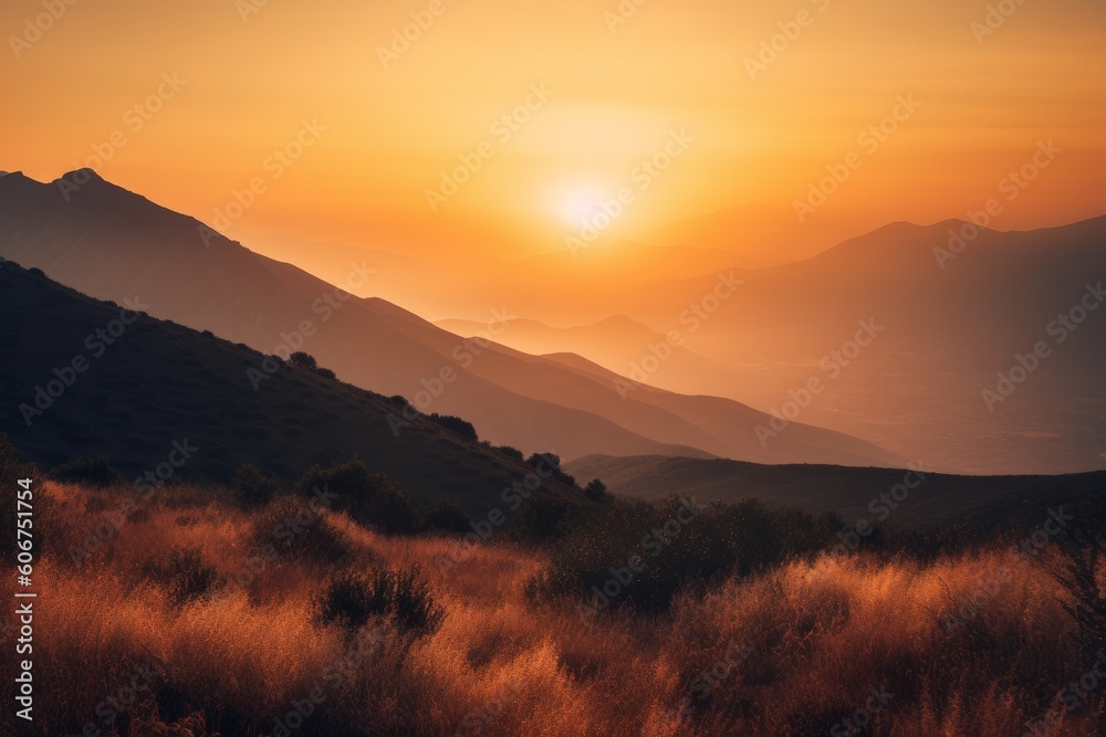 Warm hues sunset over the mountains, Generative ai