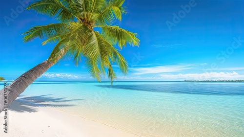 Beautiful natural tropical landscape, beach with white sand and Palm tree leaned over calm wave. Turquoise ocean on background blue sky with clouds on sunny summer day, island Maldives