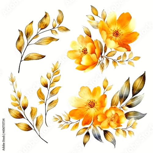 Set of golden floral watecolor. golden flower  golden leaves. Floral poster  invitation floral. Vector arrangements for greeting card or invitation design
