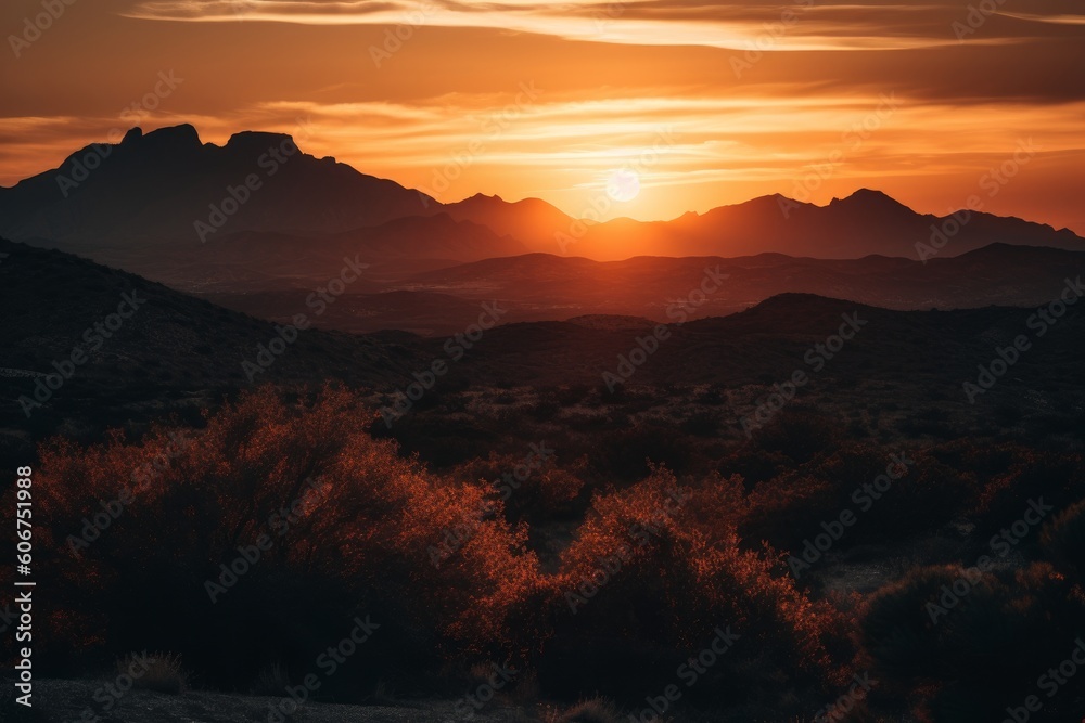 Warm hues sunset over the mountains, Generative ai