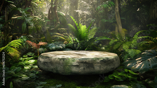 Serene Elegance, Round Stone Podium in a Lush Jungle for Product Display, Generative AI photo