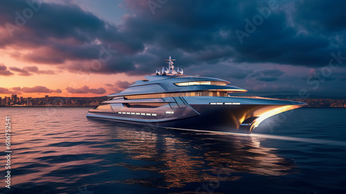 A Glimpse of the Future, Sleek and Expensive Yacht Sailing the Ocean at Night, Generative AI